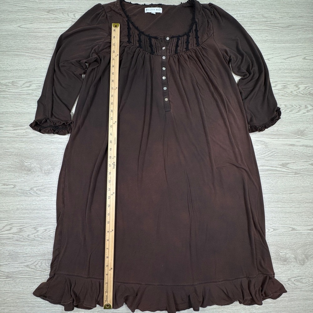 Eileen West Women's Nightgown Henley Ruffle Lace Trim Brown Small Modal Spandex - Picture 3 of 7